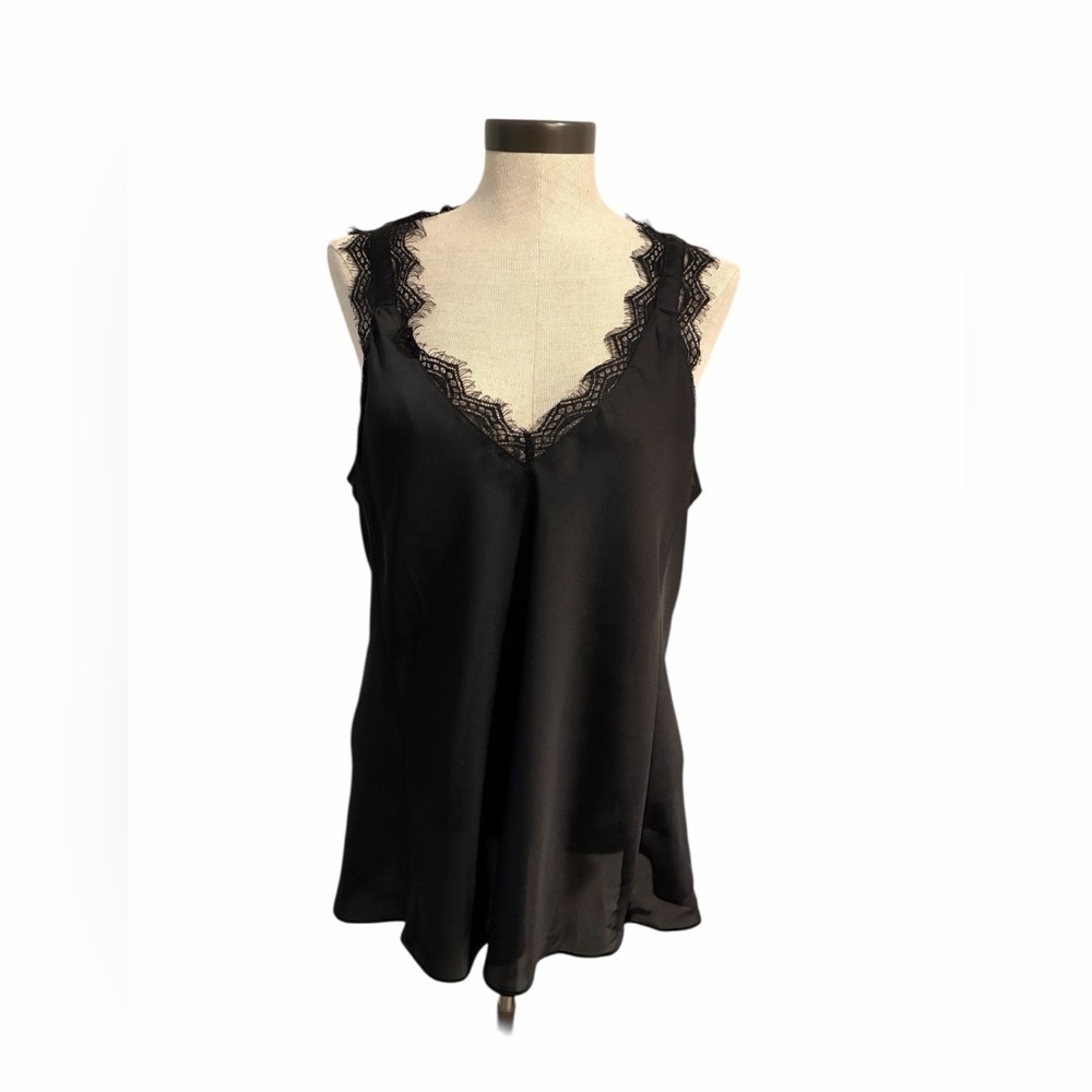 Stella & Dot  Tank Top Black‎ V Neck Satin Lace Sleeveless Stretch Womens XL